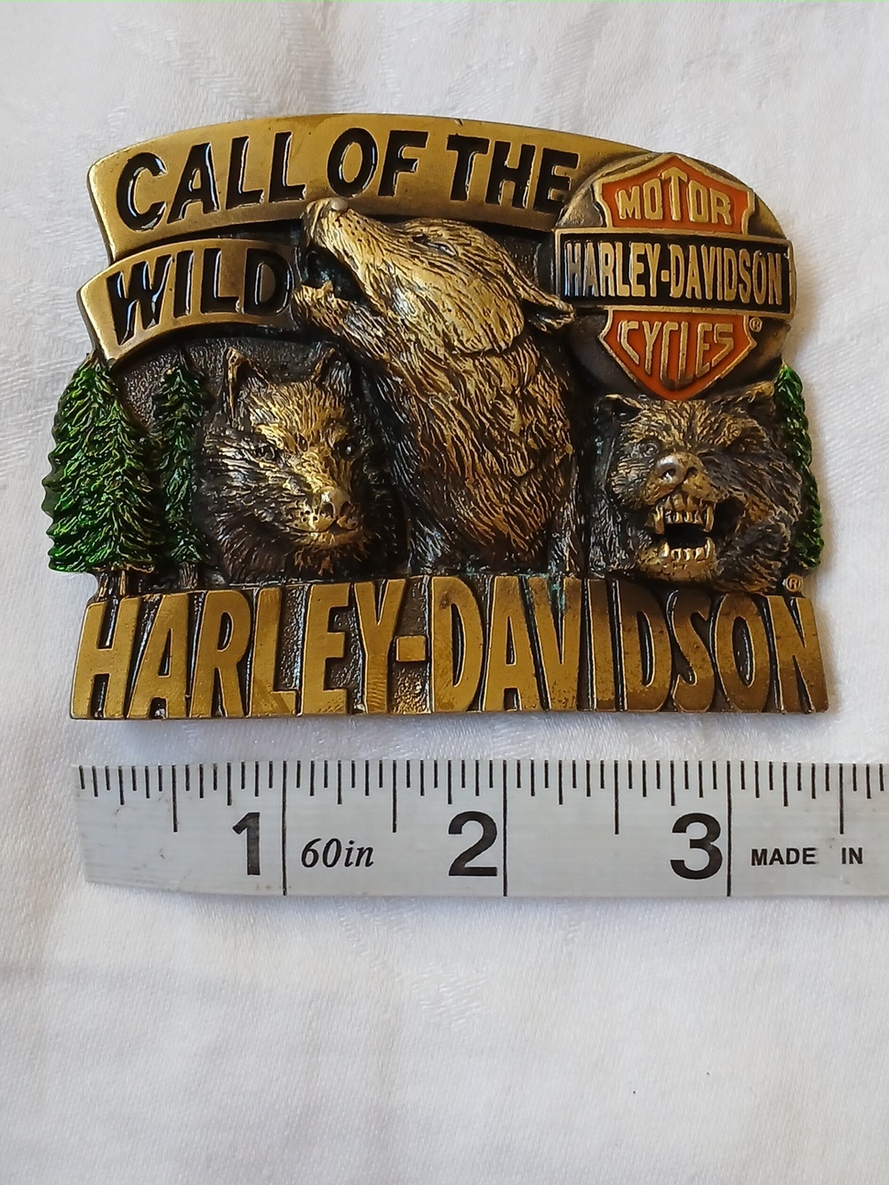 Vintage 1994 Harley Davidson Brass Belt Buckle CALL of the WILD Wolves Baron USA - Picture 9 of 10